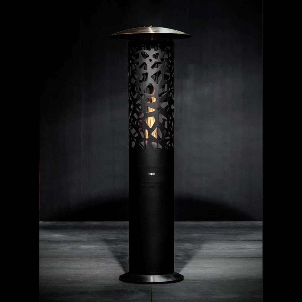 Hyperion Tile outdoor gas heater by GlammFire with a sleek black design and artistic cutouts, perfect for enhancing modern outdoor settings.
