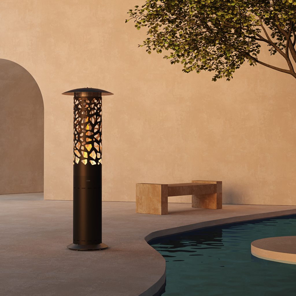 Hyperion Tile outdoor gas heater by GlammFire, featuring a black cylindrical design with artistic cutouts, perfect for luxury outdoor settings by the pool.