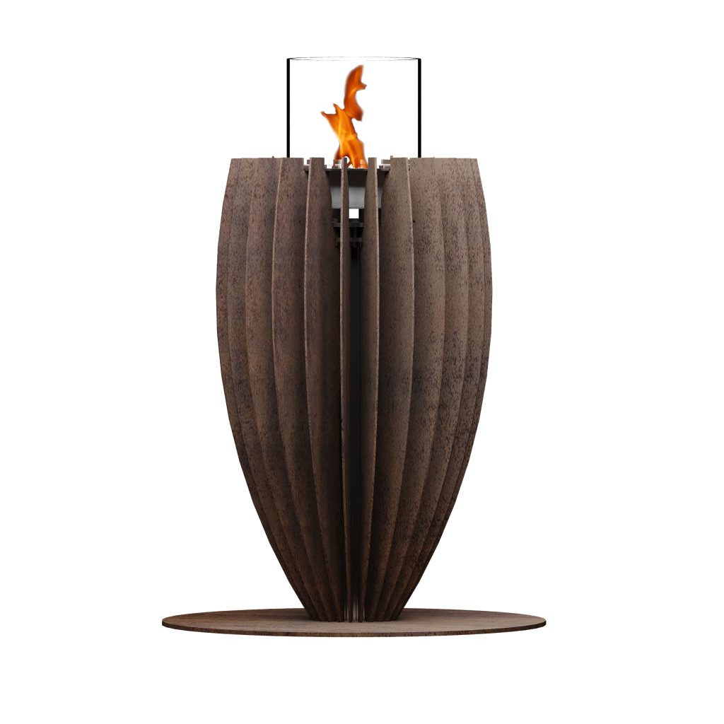 GlammFire Tuli gas fire pit with a modern, rustic design featuring vertical steel panels and an elegant flame, perfect for outdoor heating.