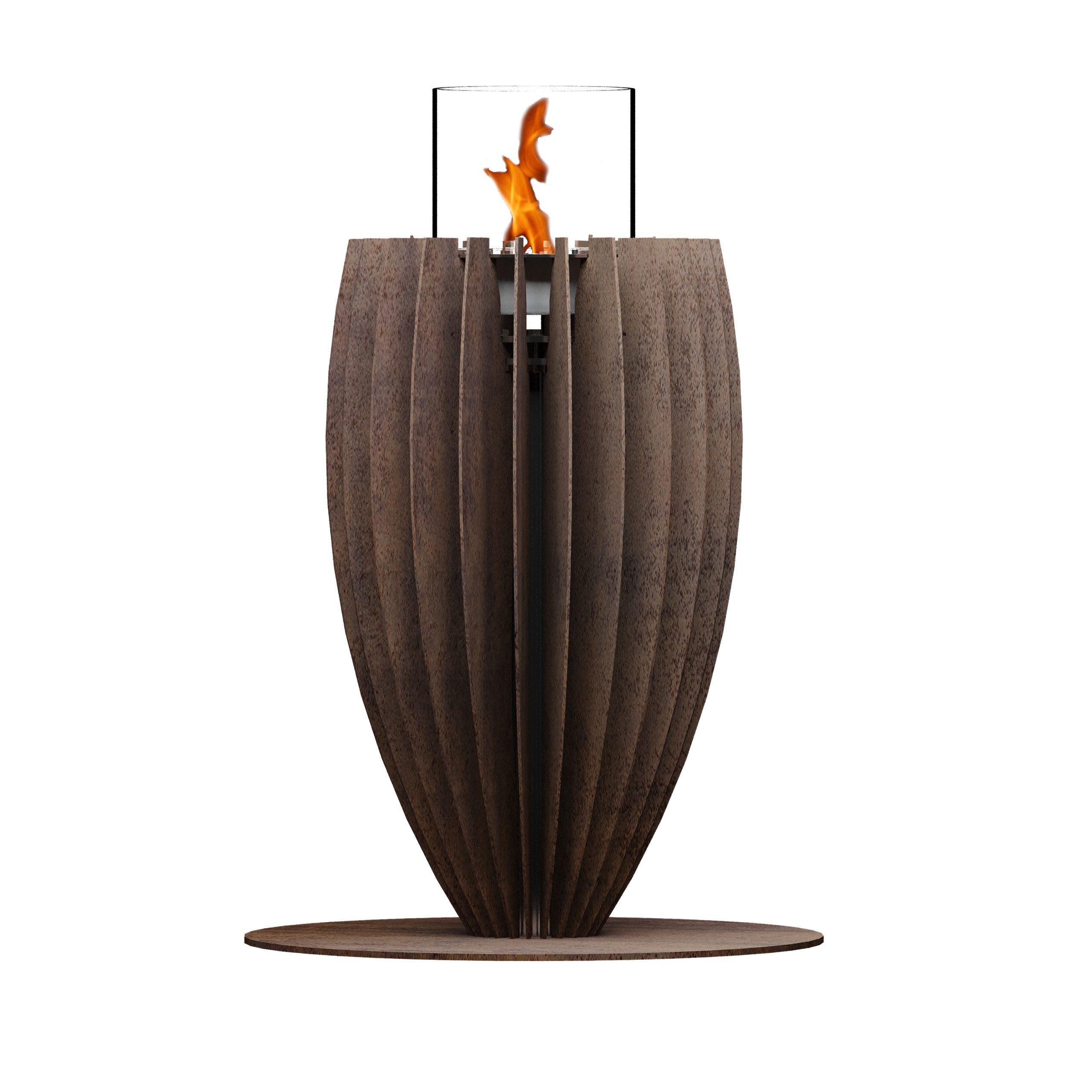 GlammFire Tuli gas fire pit with a modern, rustic design featuring vertical steel panels and an elegant flame, perfect for outdoor heating.