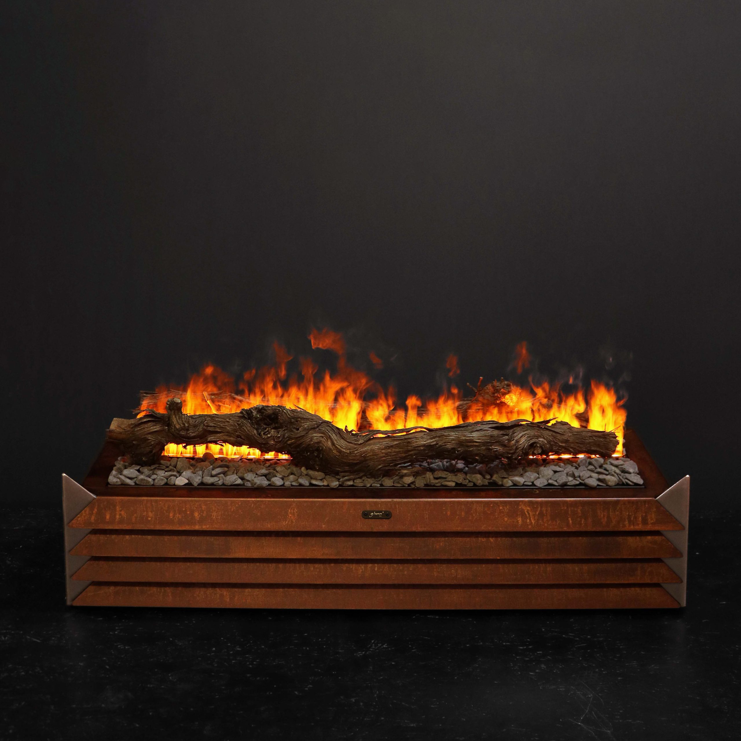 Rustic York electric fireplace by GlammFire with realistic flame effect and natural wood log detail, perfect for adding warmth and style to modern interiors.