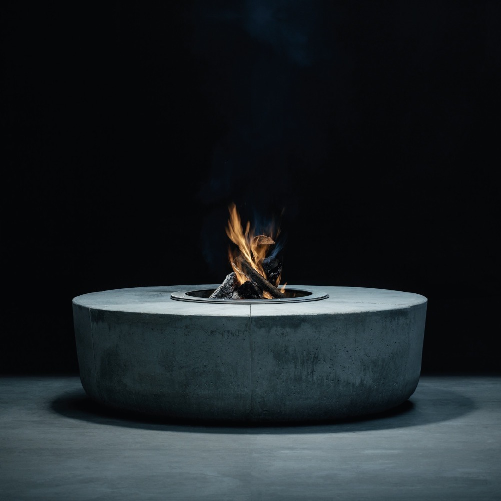 Minimalist Zarzuela Fire Pit by GlammFire, featuring a sleek concrete base with a wood-burning center for outdoor settings.
