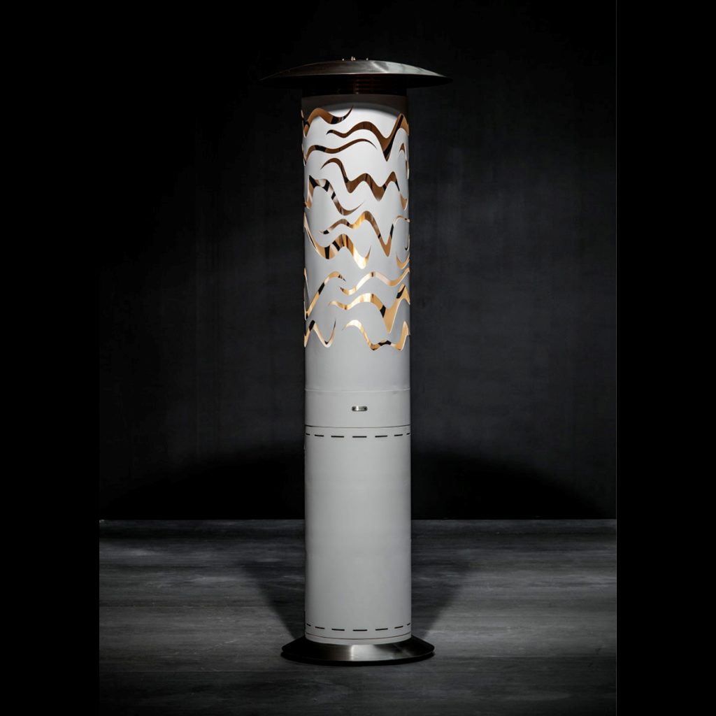 Hyperion Samba outdoor gas heater by GlammFire, featuring an artistic wavy cut-out design, perfect for elegant and modern outdoor spaces.