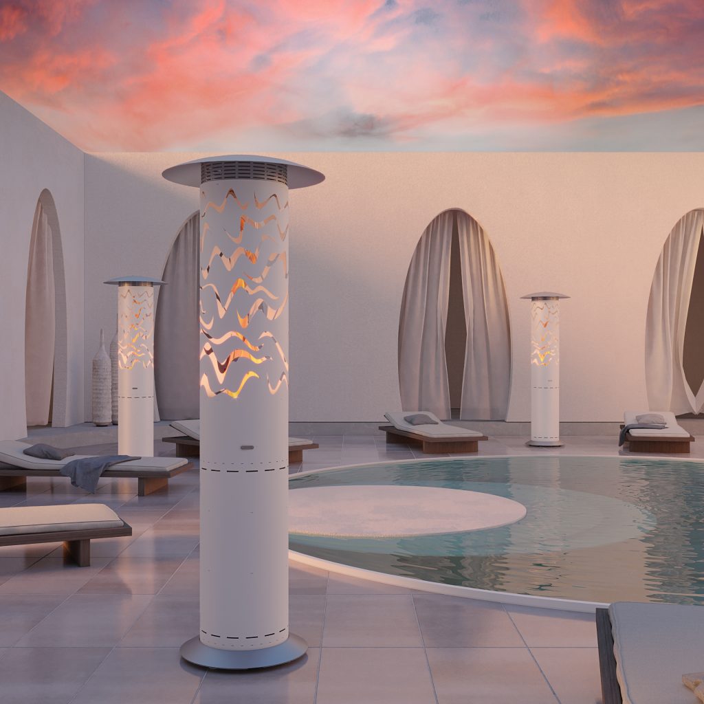 Outdoor gas heater Hyperion Samba by GlammFire in a luxurious poolside setting, featuring an elegant wavy cut-out design, perfect for modern outdoor spaces.
