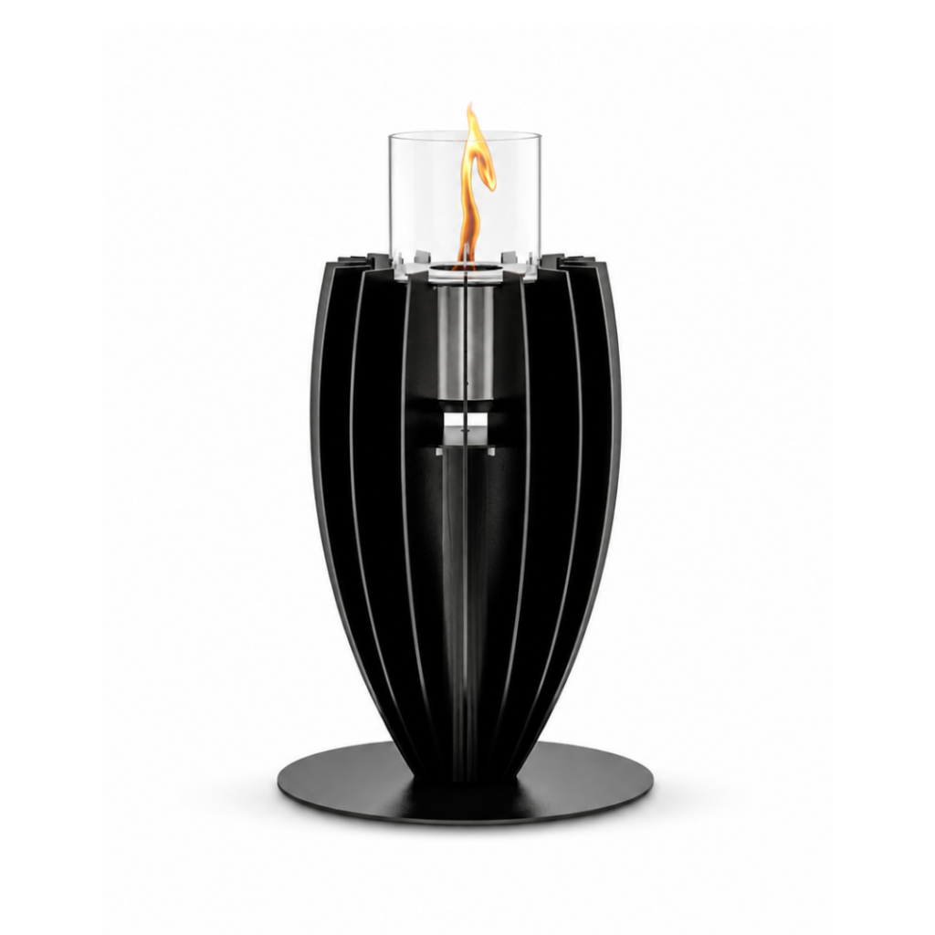 Tuli bioethanol tabletop fireplace by GlammFire in black, featuring a sleek, modern vertical design with a central flame in a glass container.