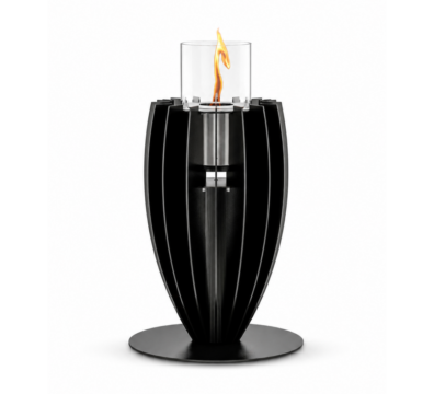 Tuli bioethanol tabletop fireplace by GlammFire in black, featuring a sleek, modern vertical design with a central flame in a glass container.