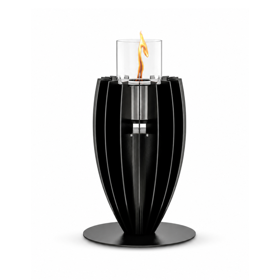Tuli bioethanol tabletop fireplace by GlammFire in black, featuring a sleek, modern vertical design with a central flame in a glass container.