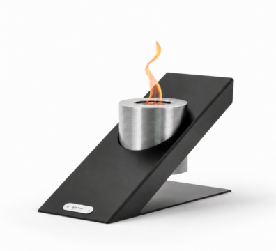 Oblique Single tabletop bioethanol fireplace by GlammFire in black lacquered steel with visible flame