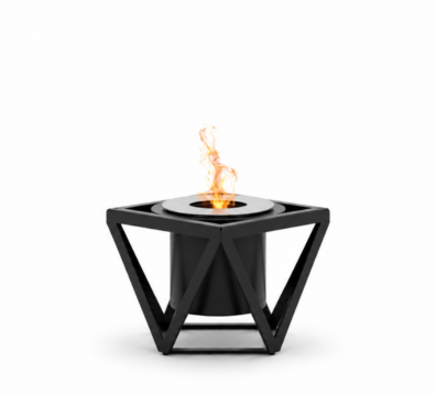 Alquimia tabletop bioethanol fireplace by GlammFire with geometric black structure and visible flame