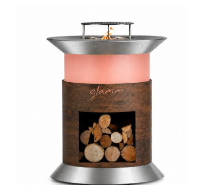 Alba Grill by GlammFire, wood-burning outdoor grill in corten steel and stainless steel with quartz glass finish.