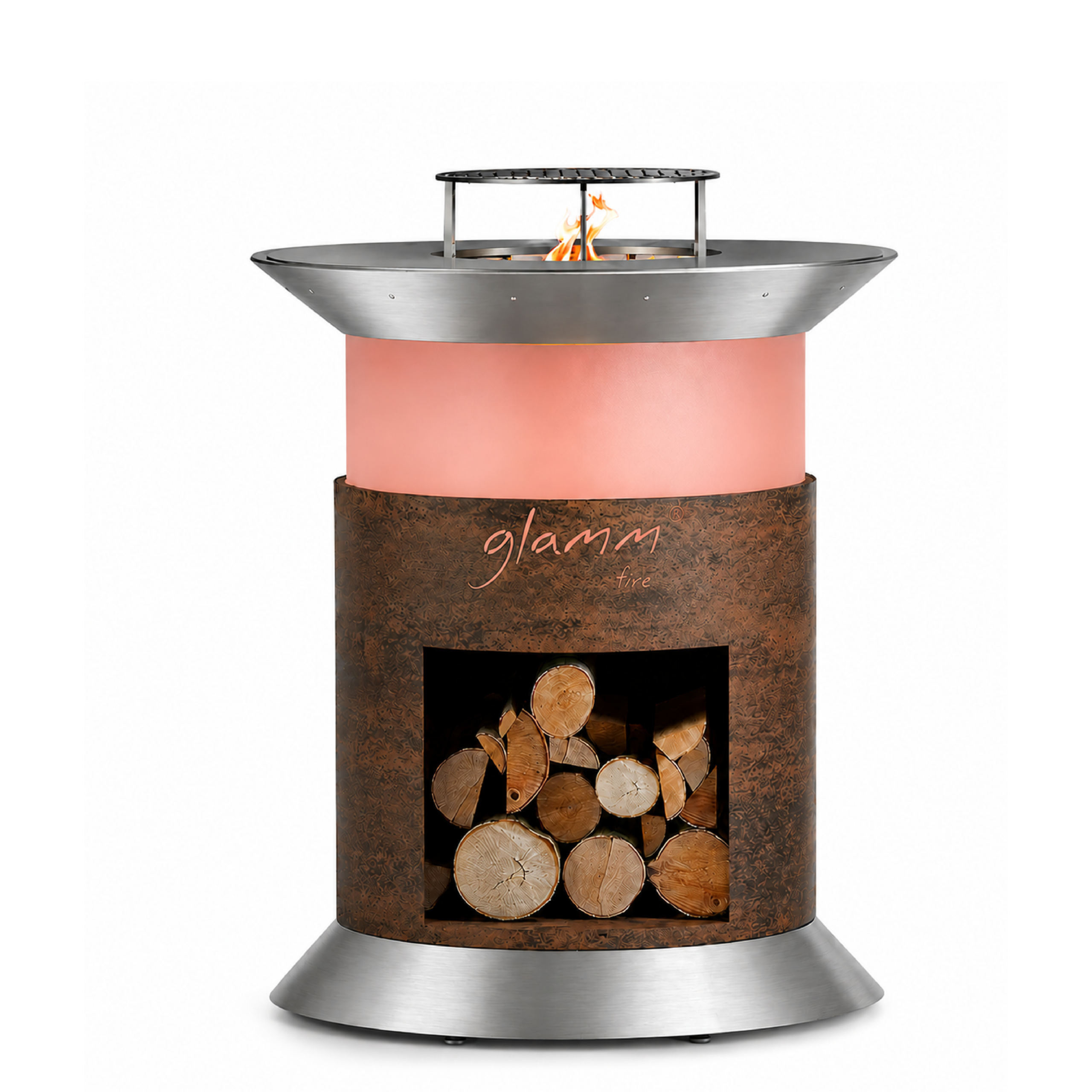 Alba Grill by GlammFire, wood-burning outdoor grill in corten steel and stainless steel with quartz glass finish.