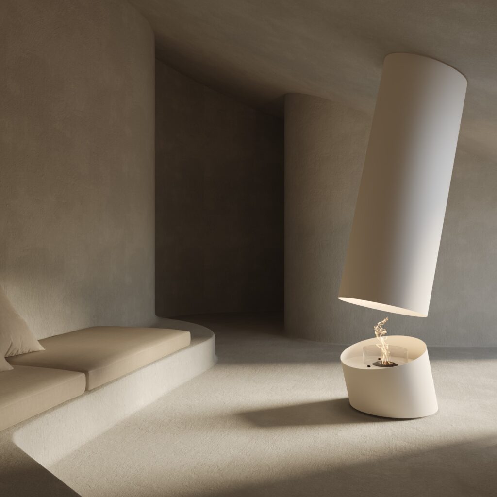 Lareira Contour 13 a bioetanol da GlammFire em ambiente minimalista de design contemporâneo.