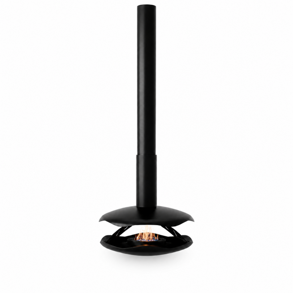 Perola suspended bioethanol fireplace by GlammFire with mechanical burner and modern black design.