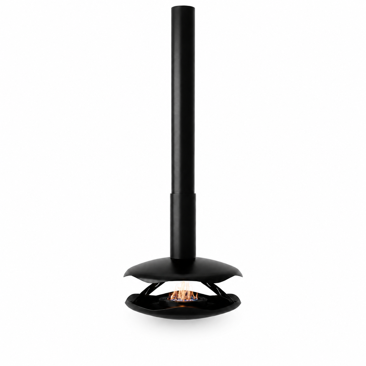 Perola suspended bioethanol fireplace by GlammFire with mechanical burner and modern black design.