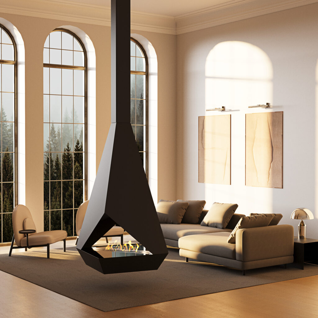 Lareira suspensa Eudoxus a bioetanol da GlammFire em sala elegante com janelas amplas e design contemporâneo.