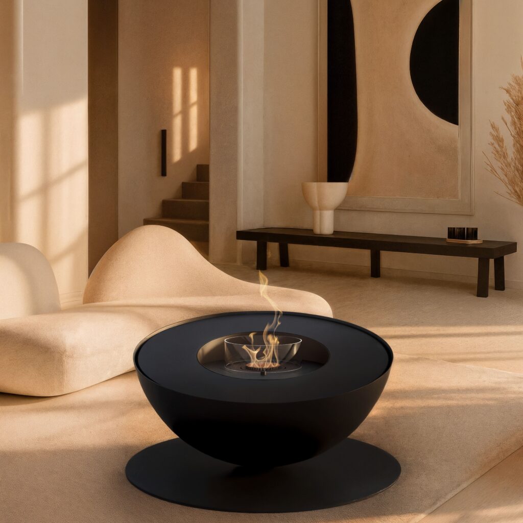 Lareira de chão Mileto a bioetanol da GlammFire em acabamento preto, integrada em sala minimalista e contemporânea.