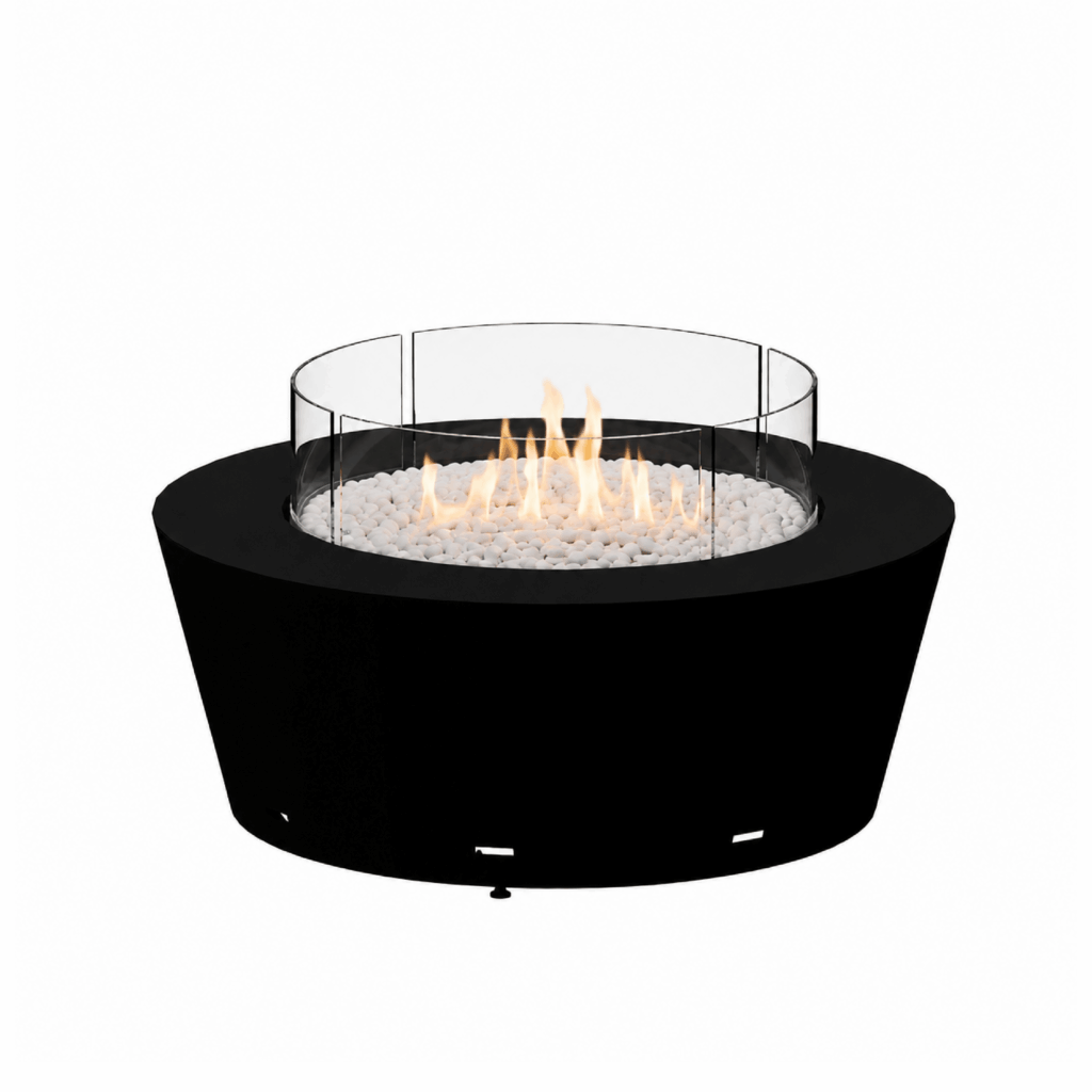Otello gas fire pit by GlammFire, modern round outdoor fire pit with glass protection.