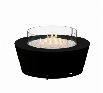 Otello gas fire pit by GlammFire, modern round outdoor fire pit with glass protection.