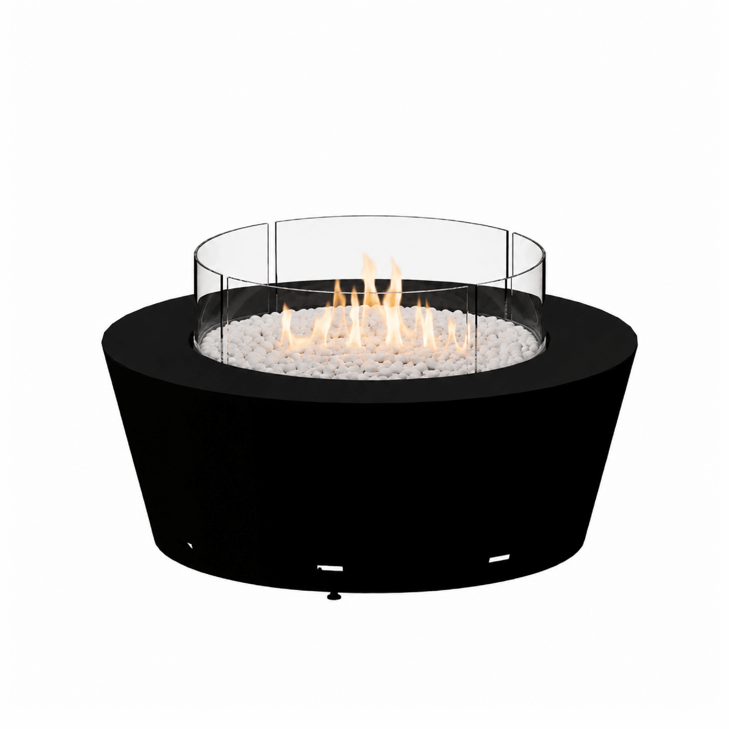 Otello gas fire pit by GlammFire, modern round outdoor fire pit with glass protection.