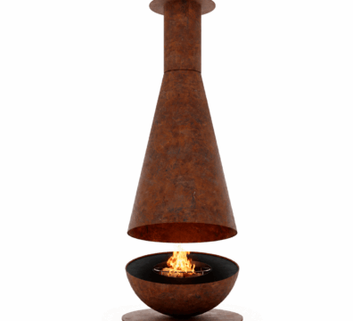 Thales suspended firewood holder by GlammFire in black lacquered steel with modern hanging design.