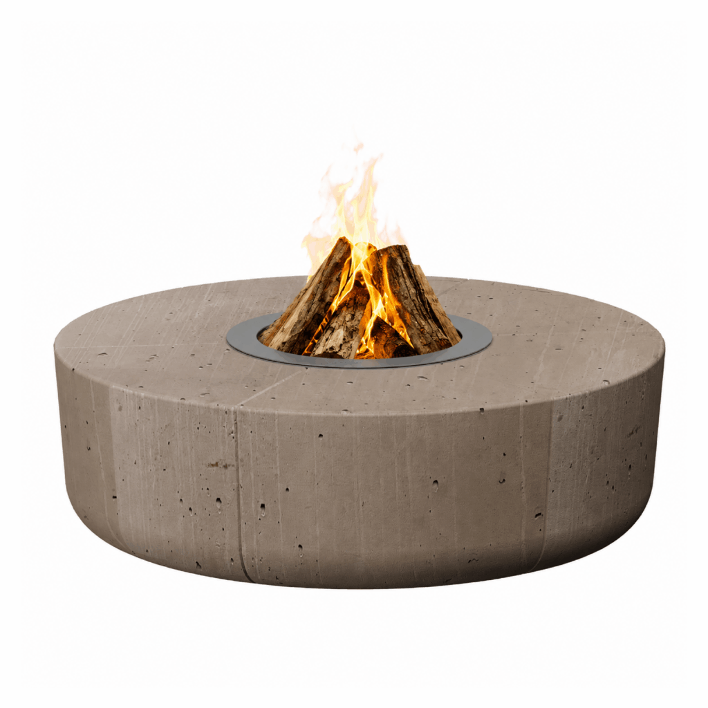 Zarzuela fire pit by GlammFire, round concrete wood-burning outdoor fire pit.