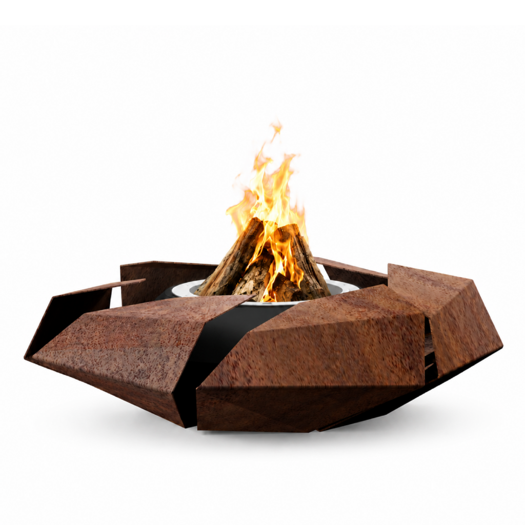 Stravaganza fire pit by GlammFire, floral-inspired design with bioethanol, wood or gas combustion options.