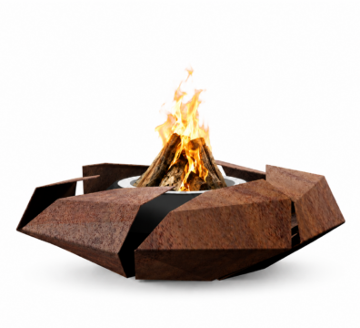 Stravaganza fire pit by GlammFire, floral-inspired design with bioethanol, wood or gas combustion options.