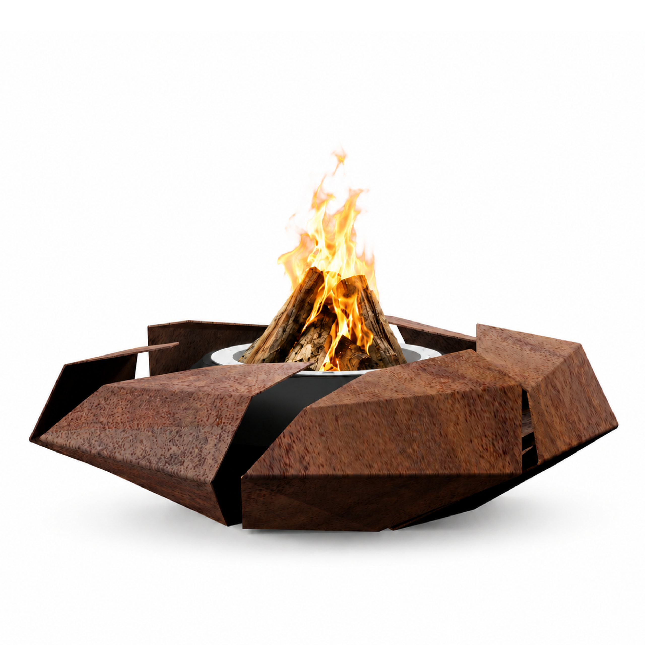 Stravaganza fire pit by GlammFire, floral-inspired design with bioethanol, wood or gas combustion options.
