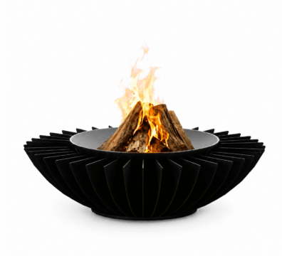 Cosmo 13 fire pit by GlammFire, black steel wood-burning outdoor fire pit with modern design.
