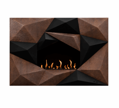 Crystal wall-mounted bioethanol fireplace by GlammFire with geometric rust and black design.