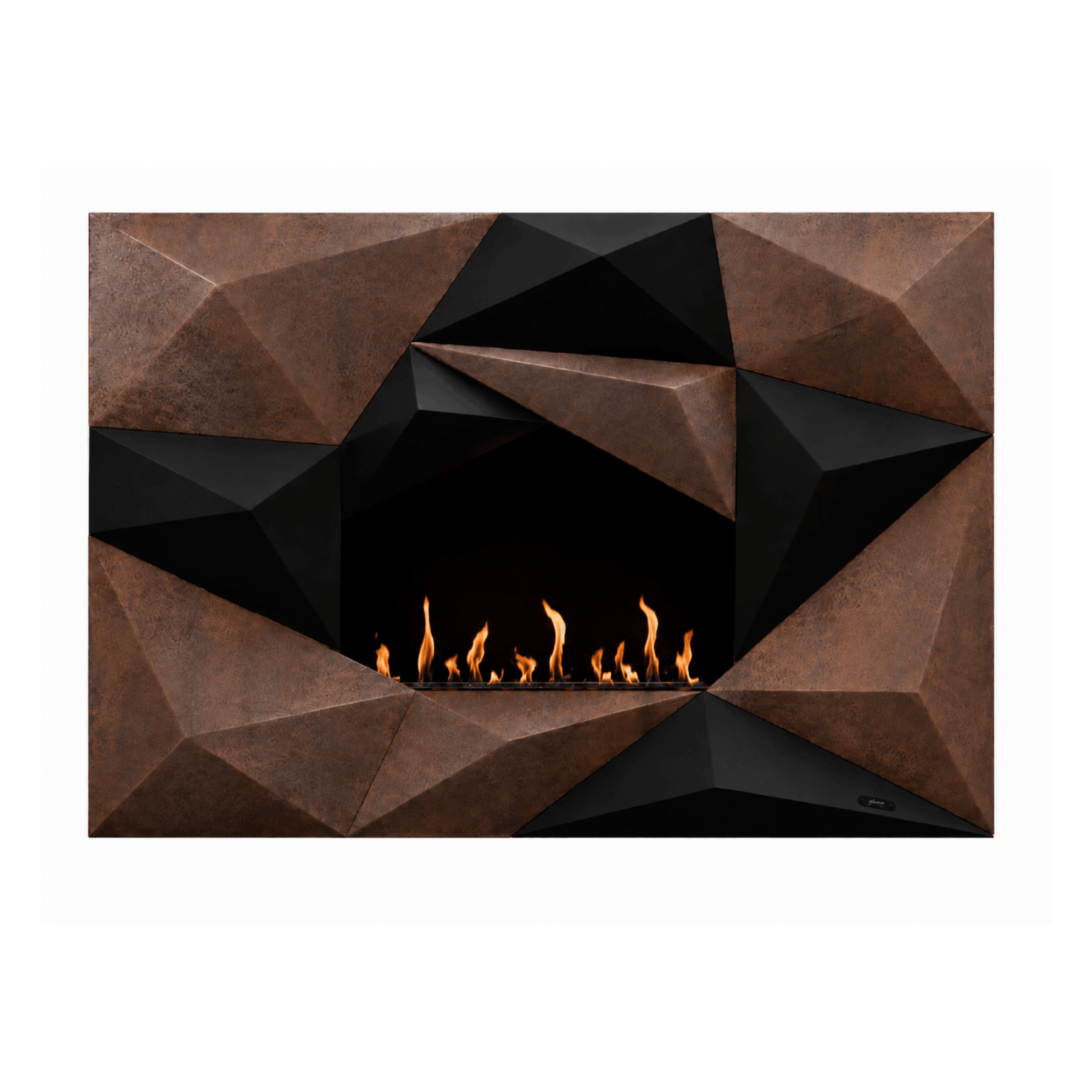 Crystal wall-mounted bioethanol fireplace by GlammFire with geometric rust and black design.