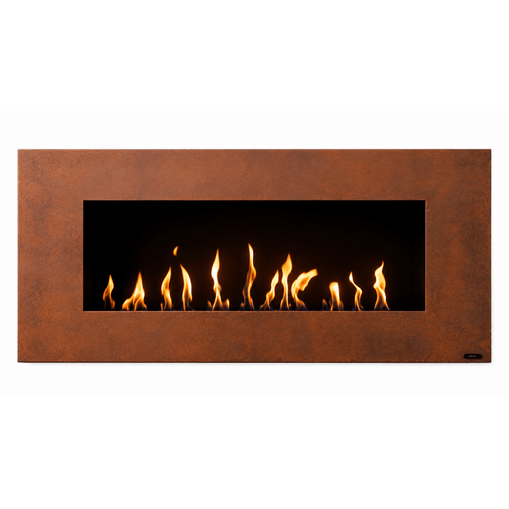 Apollo bioethanol wall fireplace by GlammFire with rust finish and linear flame design.