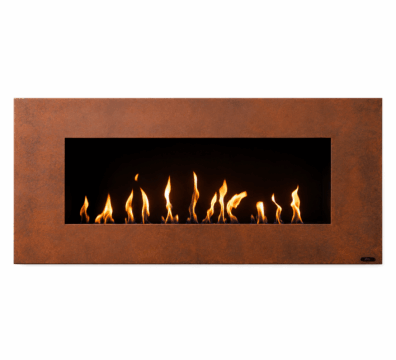Apollo bioethanol wall fireplace by GlammFire with rust finish and linear flame design.