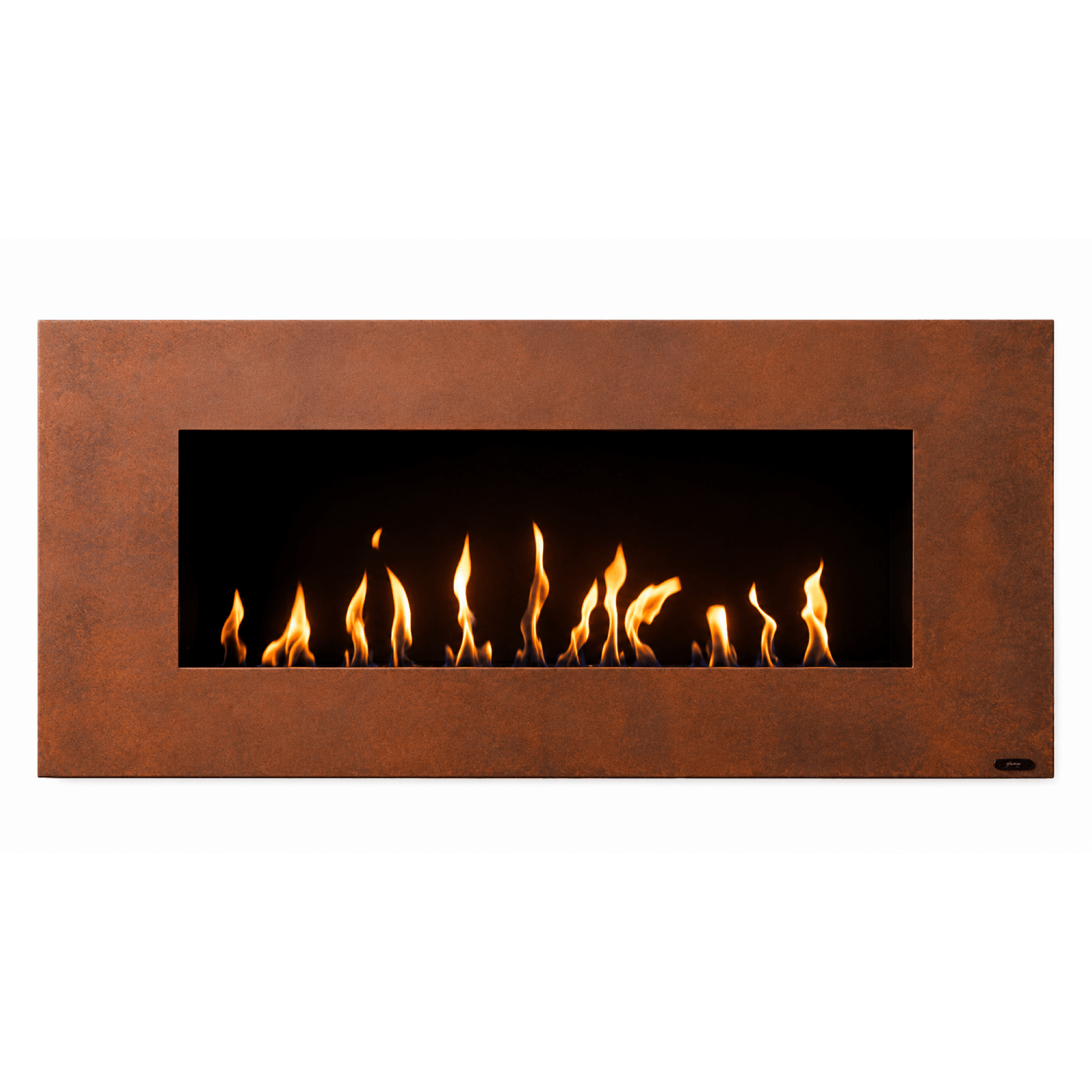 Apollo bioethanol wall fireplace by GlammFire with rust finish and linear flame design.