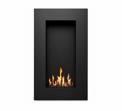 Tango bioethanol wall fireplace by GlammFire with minimalist black frame and clean-burning flame.