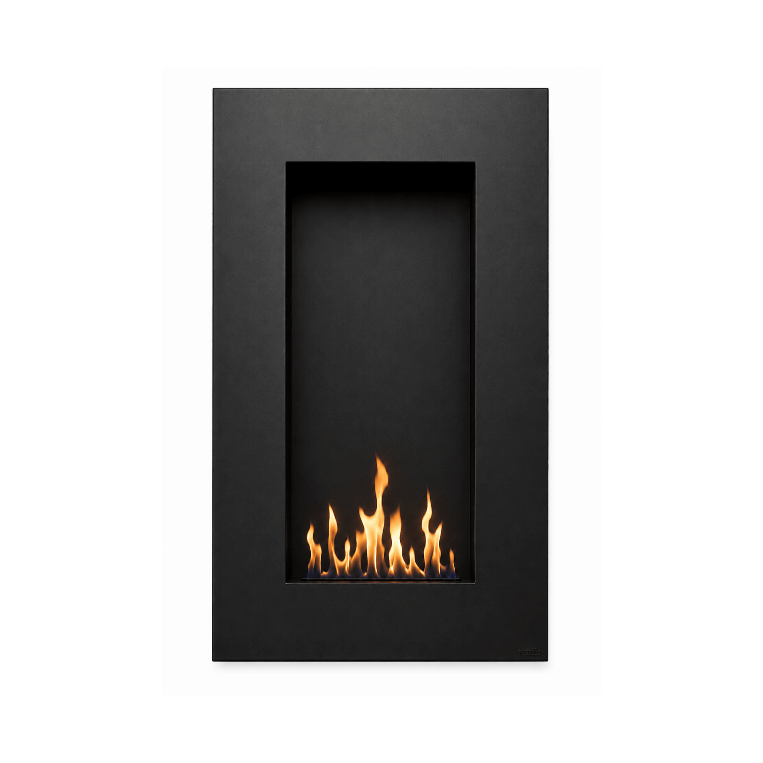 Tango bioethanol wall fireplace by GlammFire with minimalist black frame and clean-burning flame.