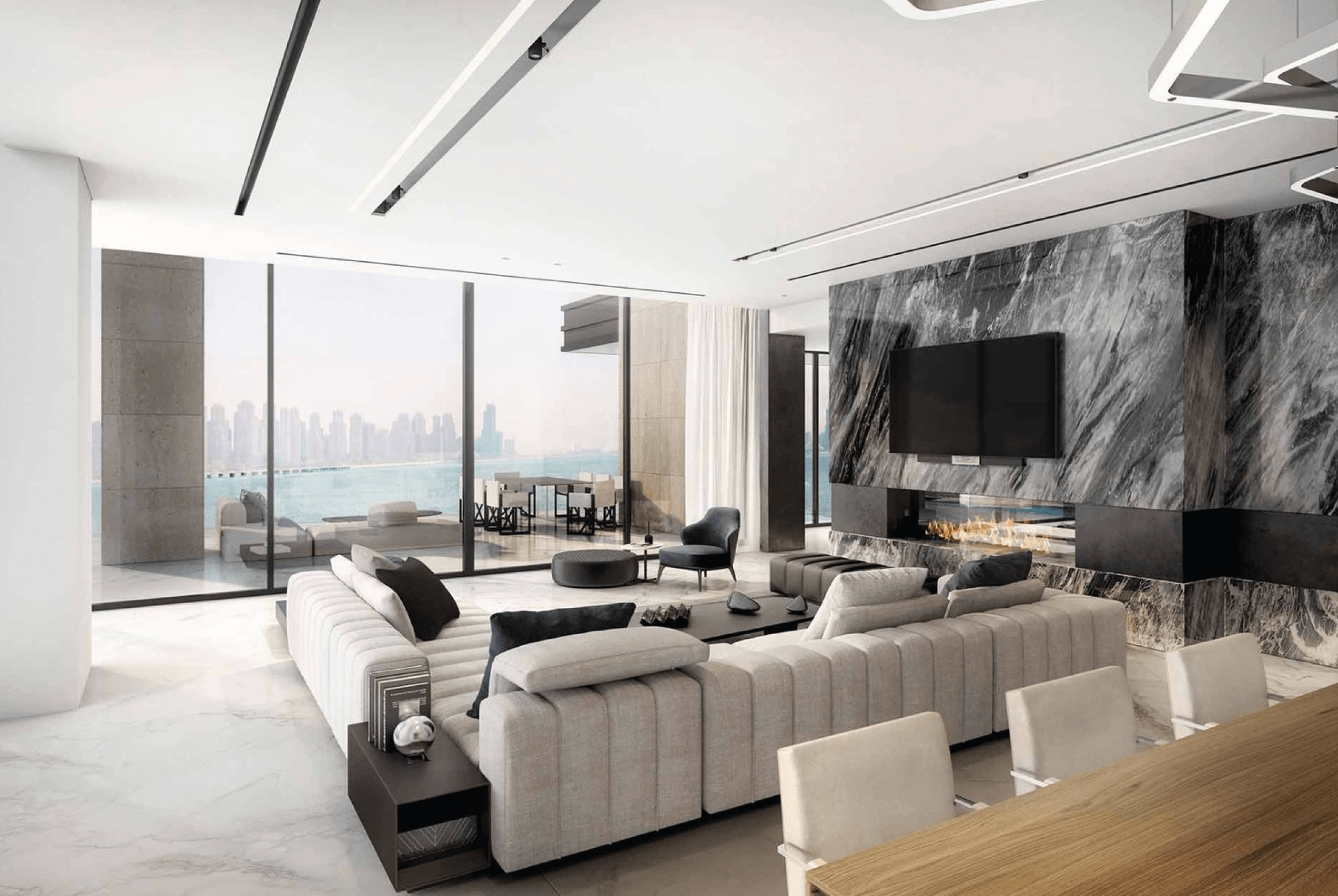 Luxury bioethanol fireplace in a modern living room at Palm Jumeirah with a stunning cityscape view.