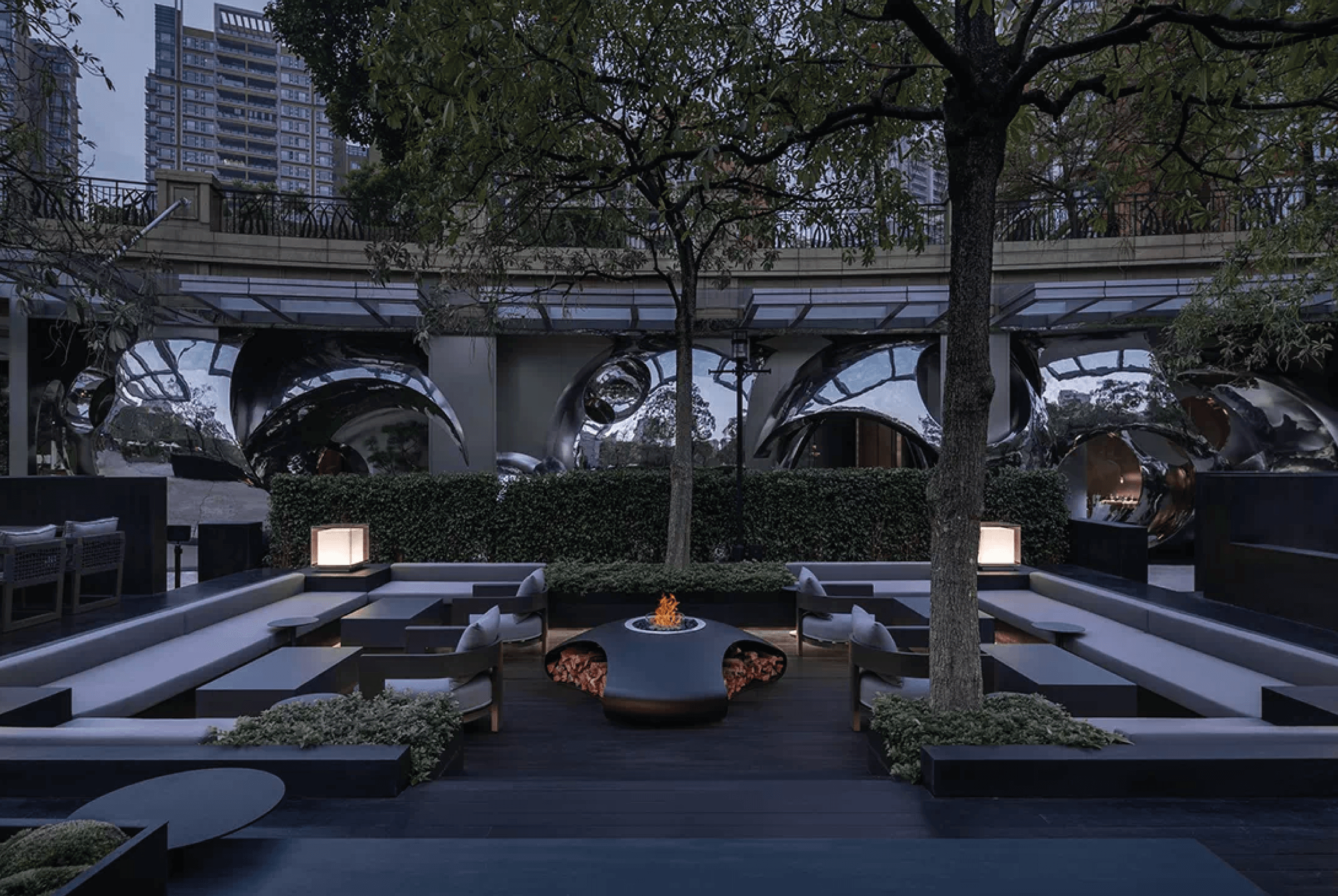 GlammFire Fire Pit Vaudeville in a modern restaurant in China, creating a sophisticated outdoor ambiance.