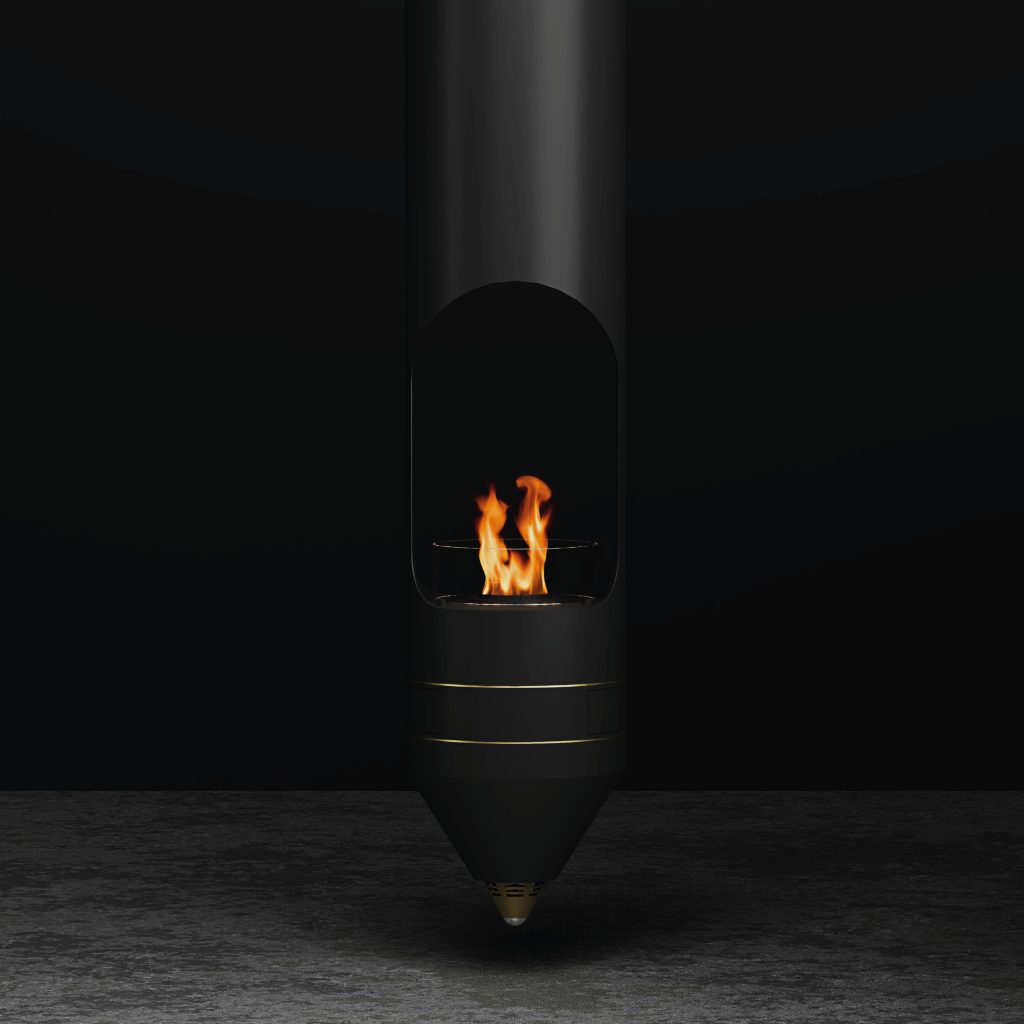 Signature suspended bioethanol fireplace with a sleek modern design and flame in a minimalistic black setting.