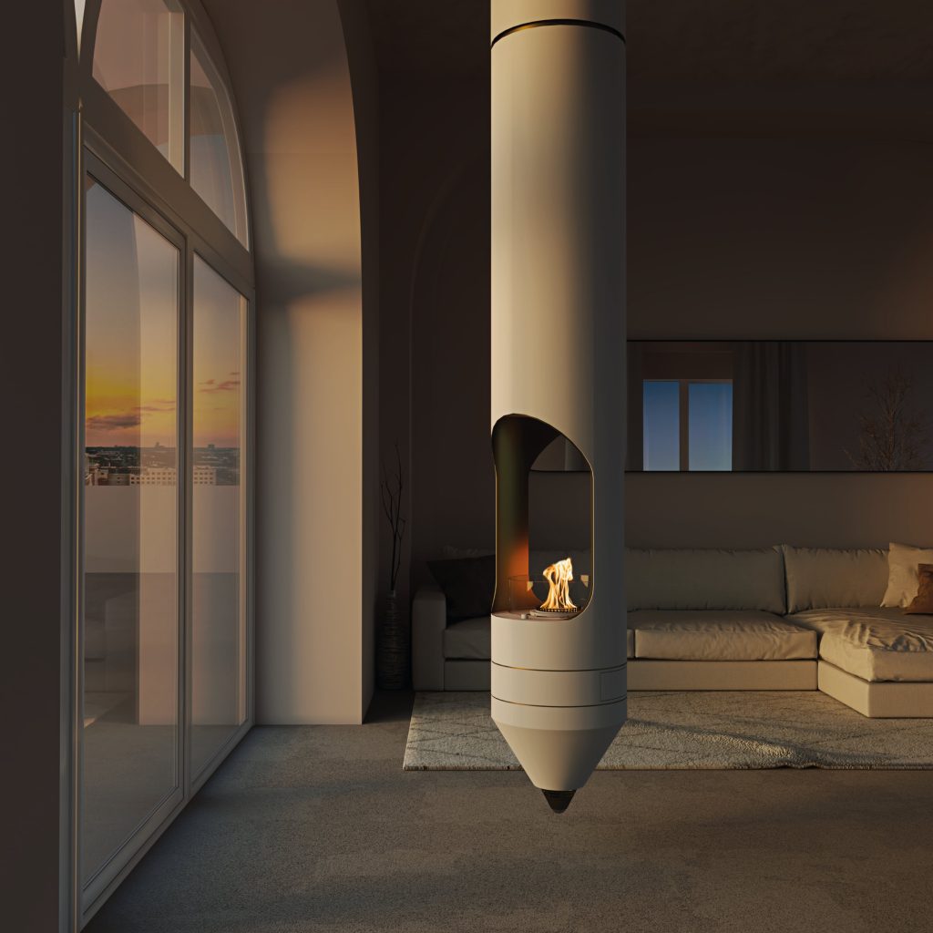 The Signature bioethanol suspended fireplace with white lacquered steel finish in a luxurious living room near a window with sunset views.