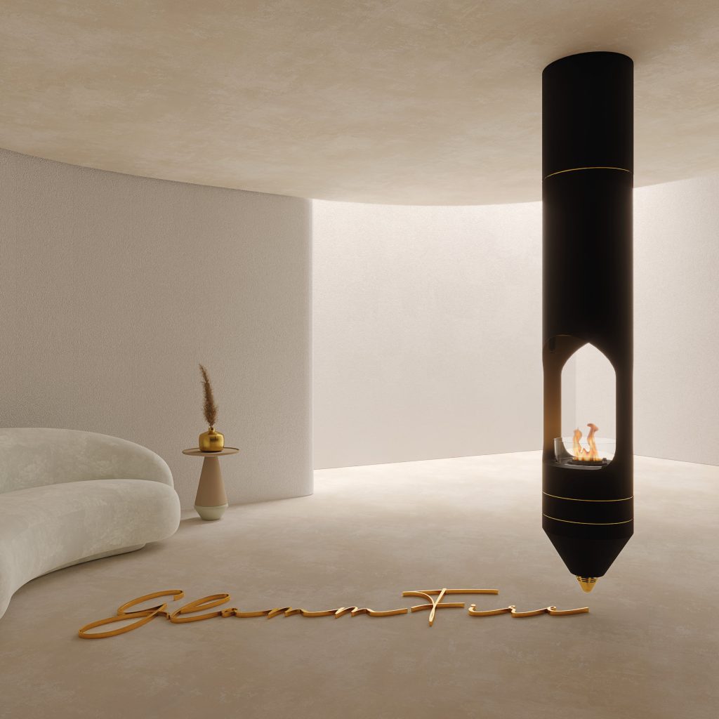 The Signature suspended bioethanol fireplace with black finish and gold details in a minimalist modern white room with a sofa and a gold floor engraving.