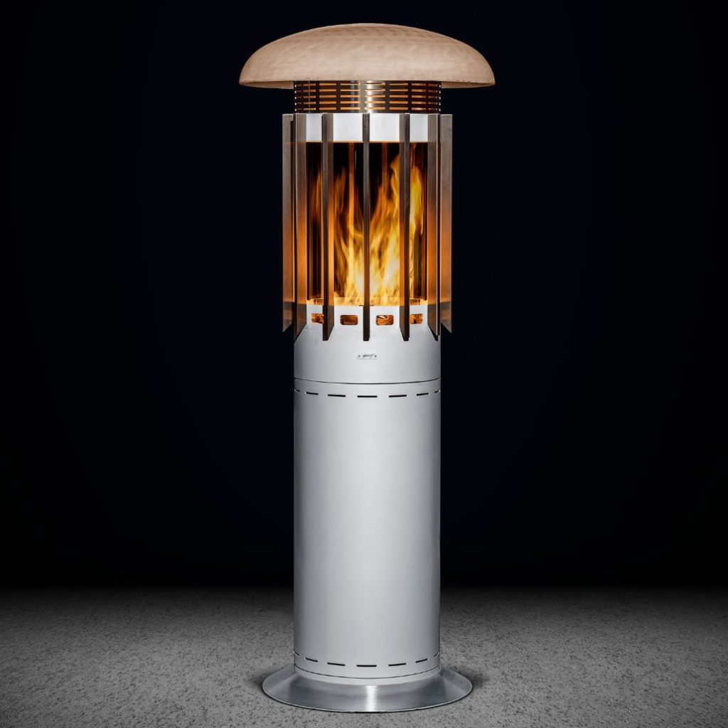 Hedges Selene gas heater from the Selene range with a modern cylindrical design.