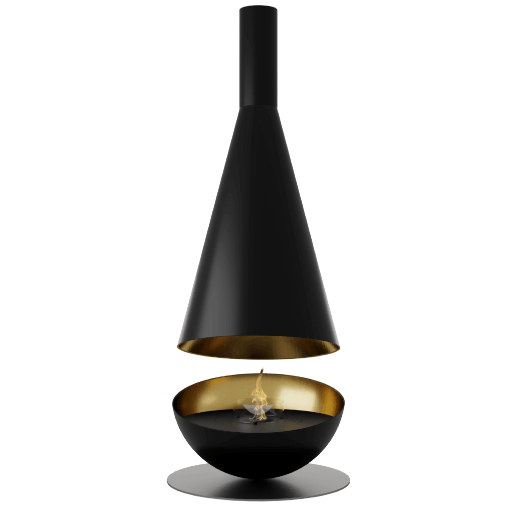 Thales suspended bioethanol fireplace by GlammFire with black finish and gold accents on transparent background.