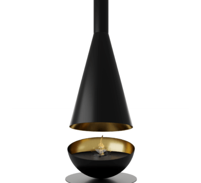 Thales suspended bioethanol fireplace by GlammFire with black finish and gold accents on transparent background.