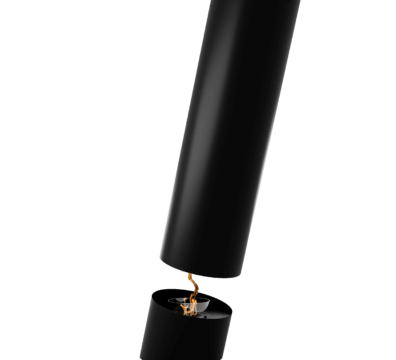 Contour 13 suspended bioethanol fireplace by GlammFire with minimalist cylindrical design.