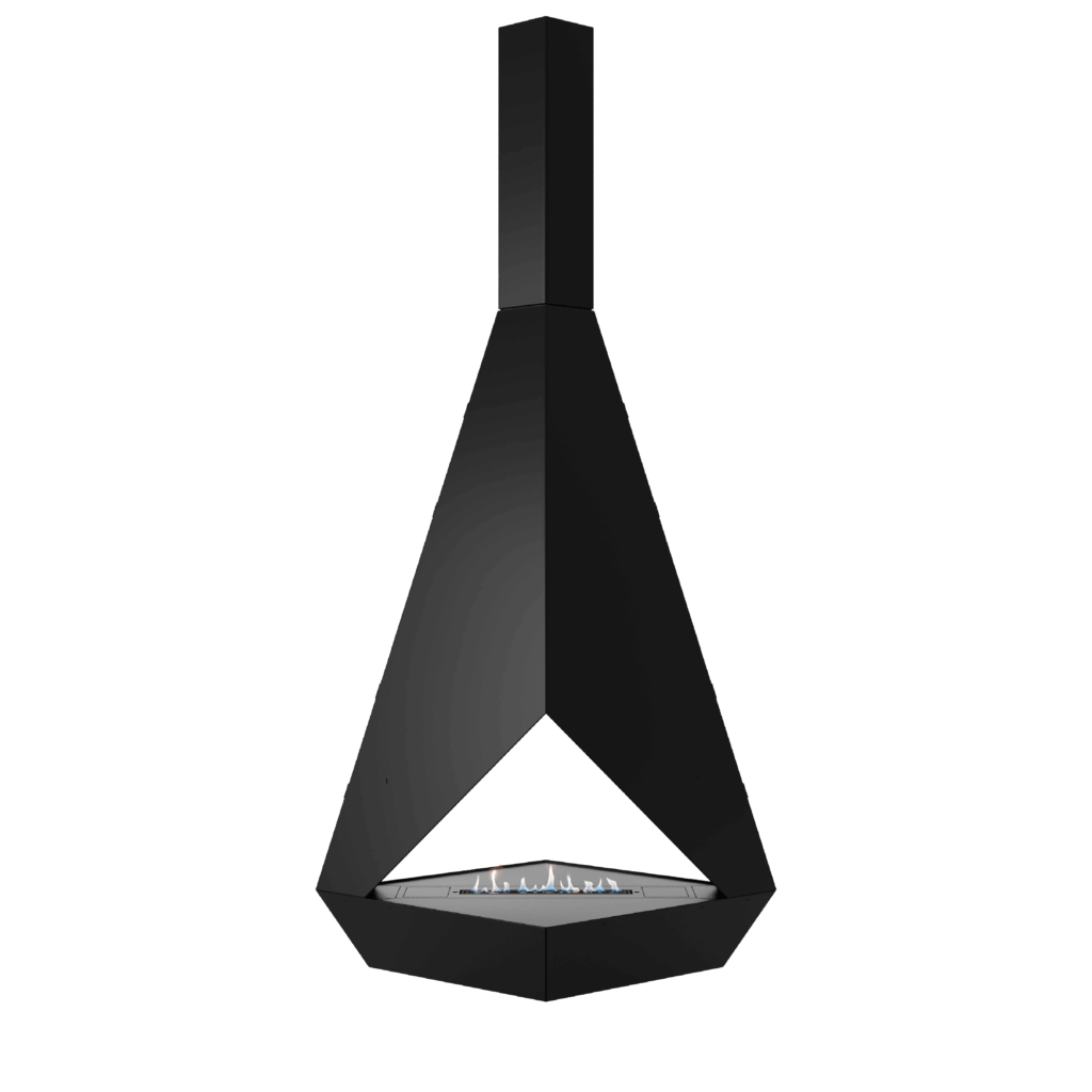 Eudoxus suspended bioethanol fireplace by GlammFire with geometric black design on transparent background.