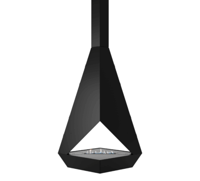 Eudoxus suspended bioethanol fireplace by GlammFire with geometric black design on transparent background.