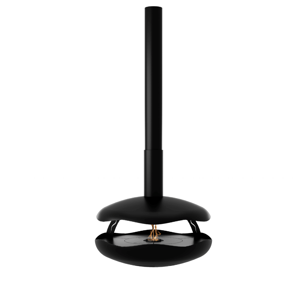 Perola Plus suspended bioethanol fireplace by GlammFire with automatic burner and modern black design.
