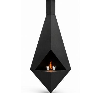 Pythagoras suspended bioethanol fireplace by GlammFire with geometric black design on transparent background.