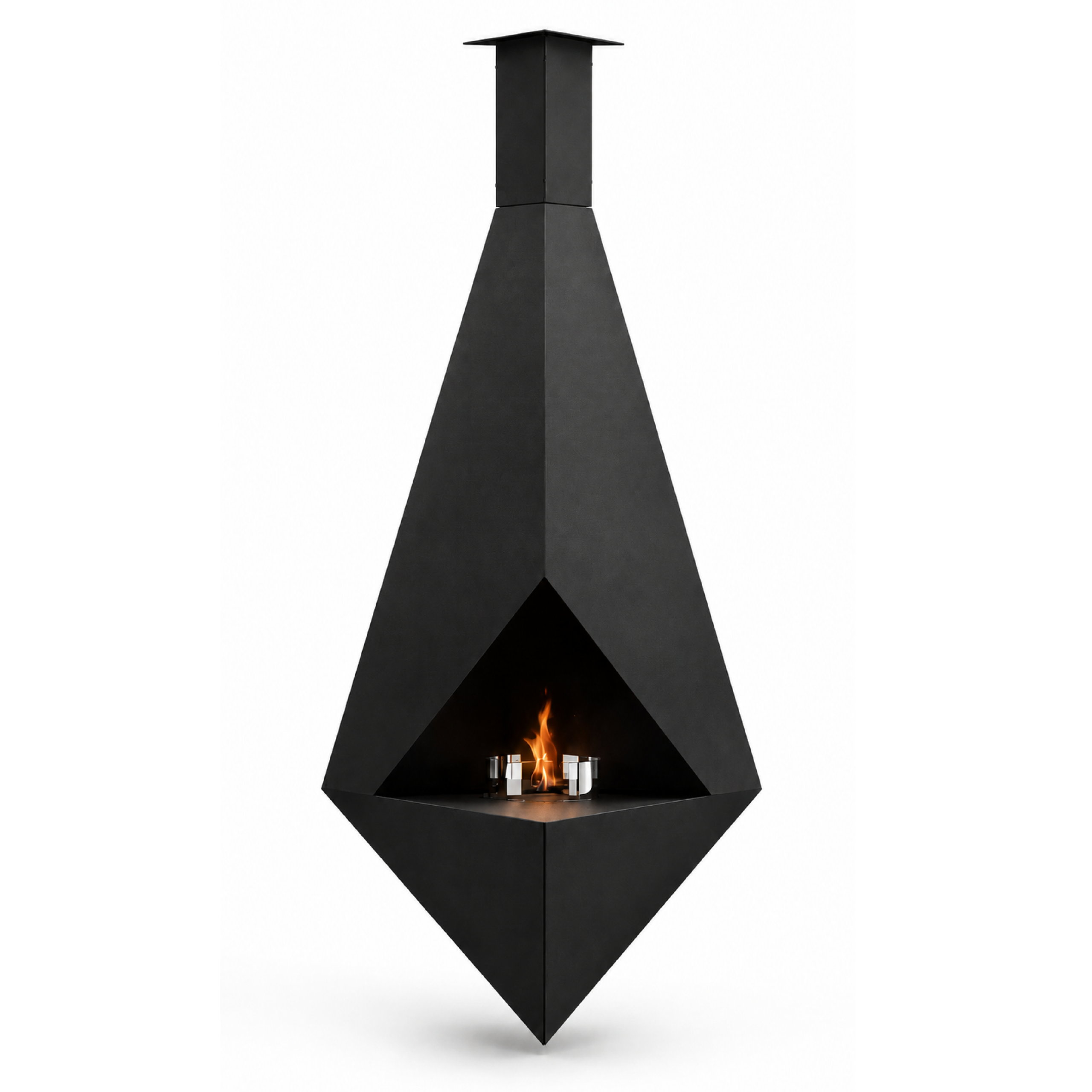 Pythagoras suspended bioethanol fireplace by GlammFire with geometric black design on transparent background.